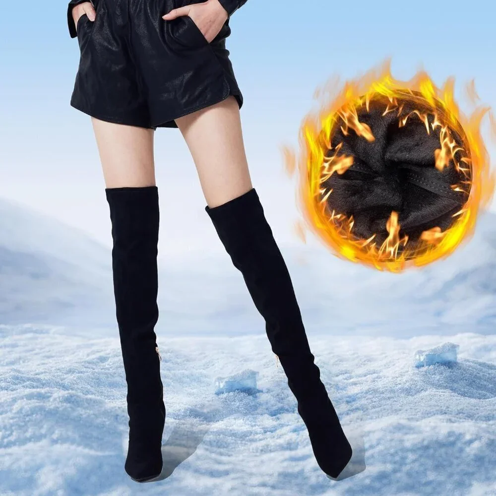 Women Black Suede Wools Lining Pointed Toe 4.3 inch Stilettos Thigh High Boots